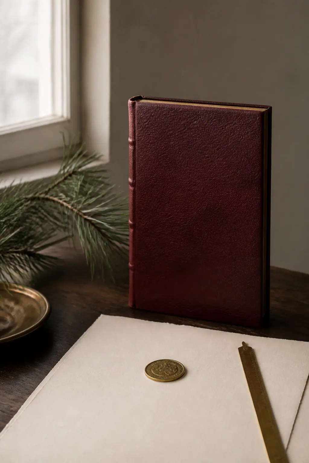 Oxblood notebook standing beside a brass coin