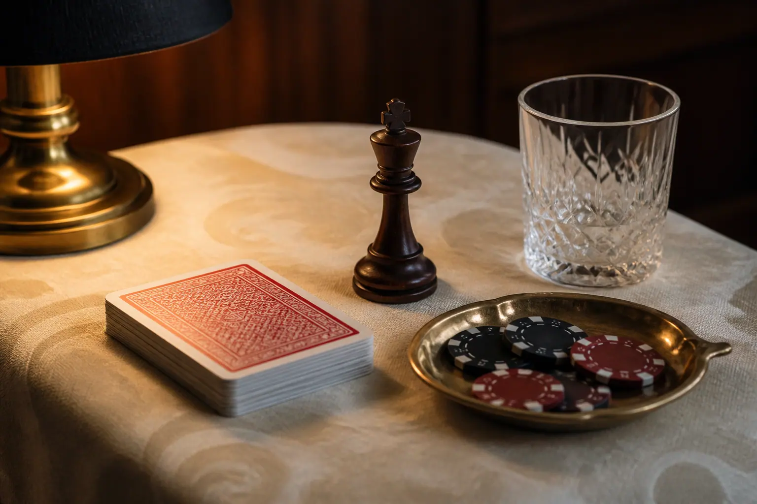 Cards, chess king, and a brass dish of chips